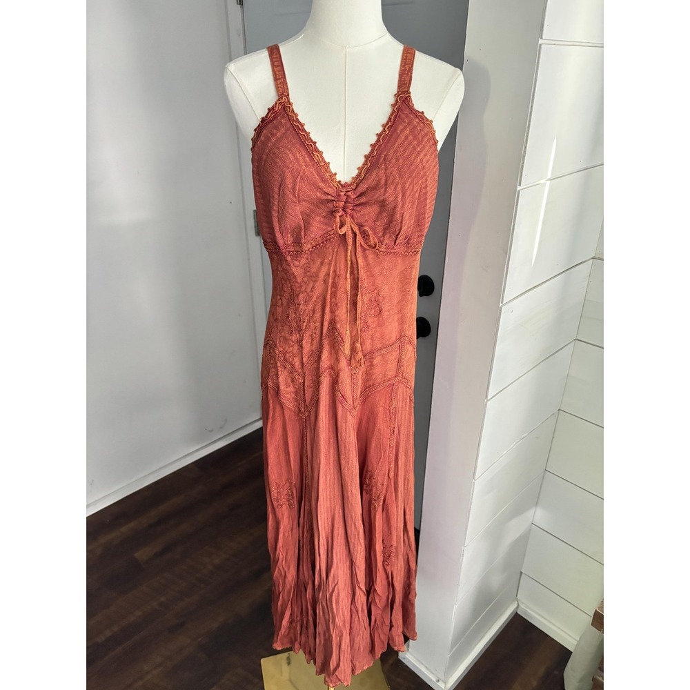 Flower Dress Womens XL Orange Embroidered V Neck Crinkle Maxi Boho Sundress Y2K